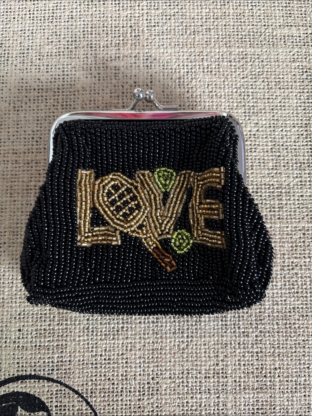 Black Beaded Coin Purse with Gold 'LOVE' Accent
